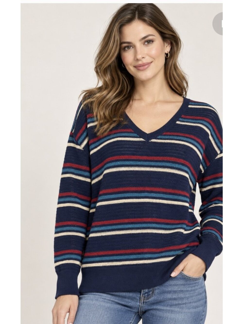 Ann Taylor Loft Pullover Sweater Size M/ L Navy Blue Stripe V-Neck Preppy